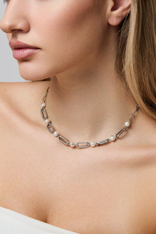 Logo Pearl Chain Necklace Silver